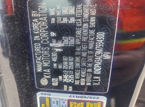 KNDPM3AC9M7934300 2021 KIA SPORTAGE Black Vista de la etiqueta del VIN