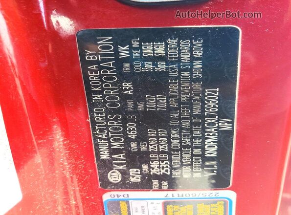 KNDPM3ACXL7696021 2020 KIA SPORTAGE Red VIN კოდის სტიკერის ხედი