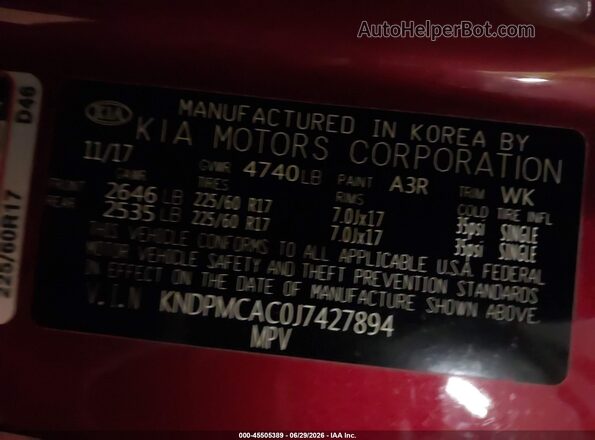 KNDPMCAC0J7427894 2018 KIA SPORTAGE Red ძრავის განყოფილების ხედი