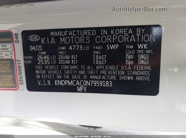 KNDPMCAC0N7959183 2022 KIA SPORTAGE White 