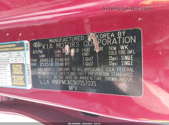 KNDPMCAC1H7157035 2017 KIA SPORTAGE Red Vista del compartimento del motor