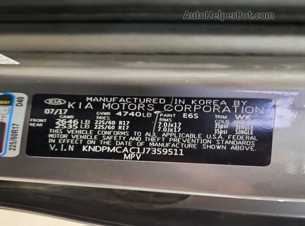 KNDPMCAC1J7359511 2018 KIA SPORTAGE Silver Widok naklejki z numerem VIN