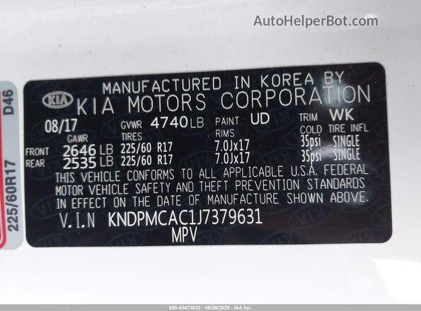 KNDPMCAC1J7379631 2018 KIA SPORTAGE White Engine compartment view