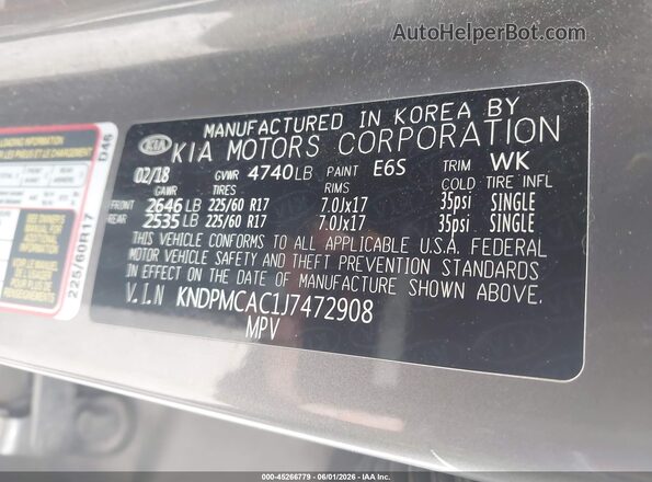 KNDPMCAC1J7472908 2018 KIA SPORTAGE Gray 