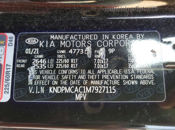 KNDPMCAC1M7927115 2021 KIA SPORTAGE Black Vista de la etiqueta del VIN