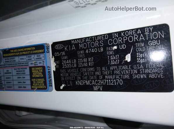 KNDPMCAC2H7112170 2017 KIA SPORTAGE White 