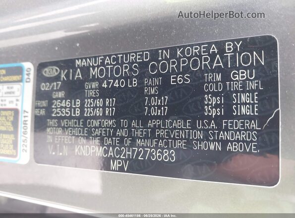 KNDPMCAC2H7273683 2017 KIA SPORTAGE Gray Вид підкапотного простору