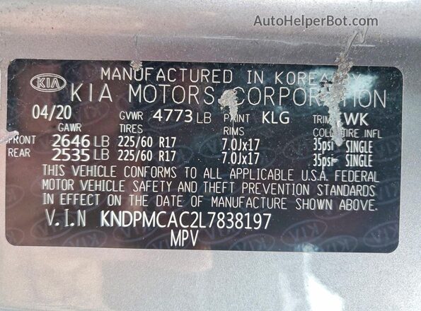 KNDPMCAC2L7838197 2020 KIA SPORTAGE Silver VIN კოდის სტიკერის ხედი