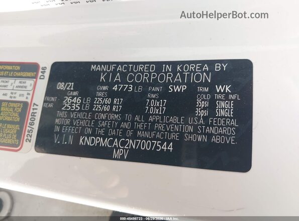 KNDPMCAC2N7007544 2022 KIA SPORTAGE White Vista del compartimento del motor