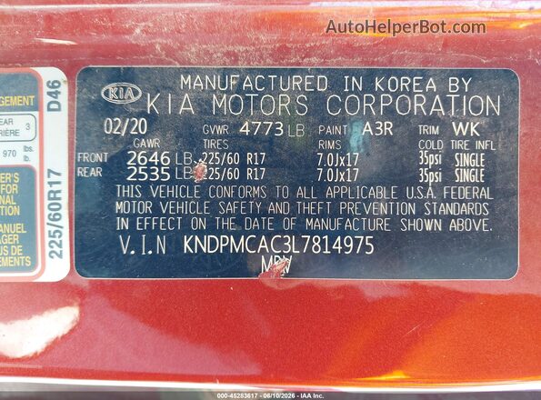 KNDPMCAC3L7814975 2020 KIA SPORTAGE Red Vista del compartimento del motor