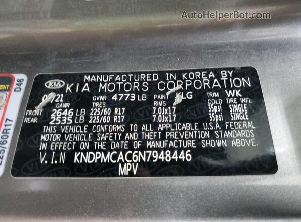 KNDPMCAC6N7948446 2022 KIA SPORTAGE Silver VIN sticker view