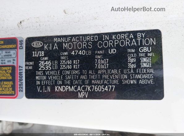 KNDPMCAC7K7605477 2019 KIA SPORTAGE White Vista del compartimento del motor
