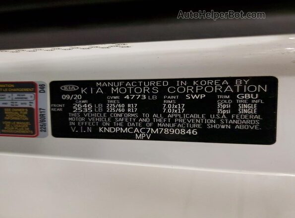 KNDPMCAC7M7890846 2021 KIA SPORTAGE White VIN կոդի պիտակի տեսք