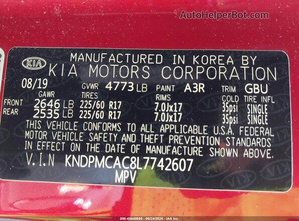 KNDPMCAC8L7742607 2020 KIA SPORTAGE Red ძრავის განყოფილების ხედი