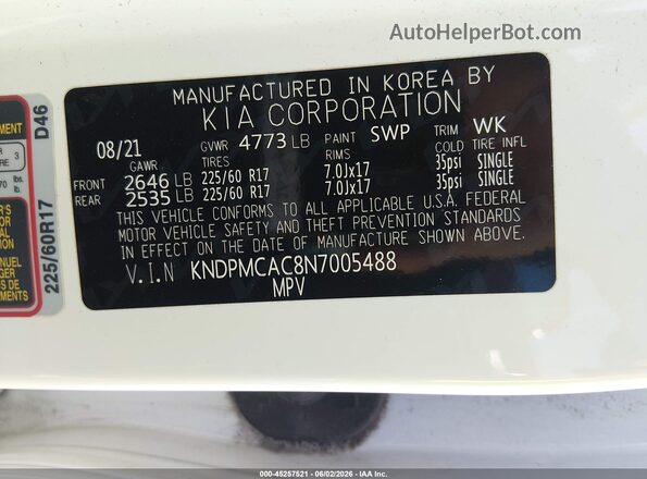 KNDPMCAC8N7005488 2022 KIA SPORTAGE White Շարժիչի բաժամունքի տեսք