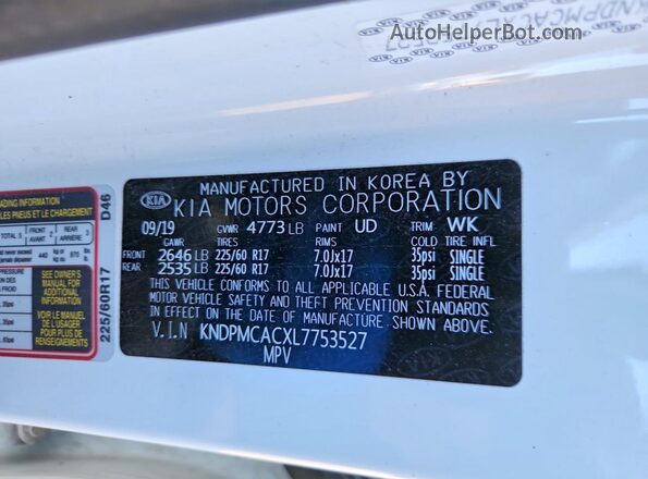KNDPMCACXL7753527 2020 KIA SPORTAGE White VIN კოდის სტიკერის ხედი