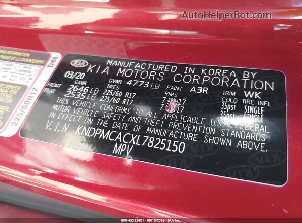 KNDPMCACXL7825150 2020 KIA SPORTAGE Red Vista del compartimento del motor