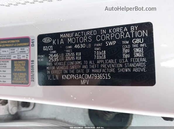 KNDPN3AC0M7936515 2021 KIA SPORTAGE White Engine compartment view
