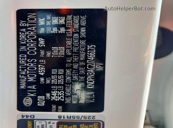 KNDPN3AC2J7466175 2018 KIA SPORTAGE White VIN sticker view