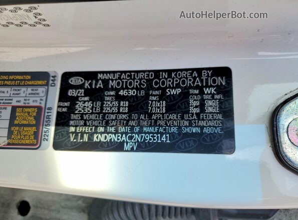 KNDPN3AC2N7953141 2022 KIA SPORTAGE White VIN կոդի պիտակի տեսք
