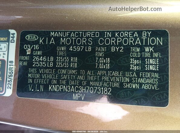 KNDPN3AC3H7073182 2017 KIA SPORTAGE Brown Շարժիչի բաժամունքի տեսք