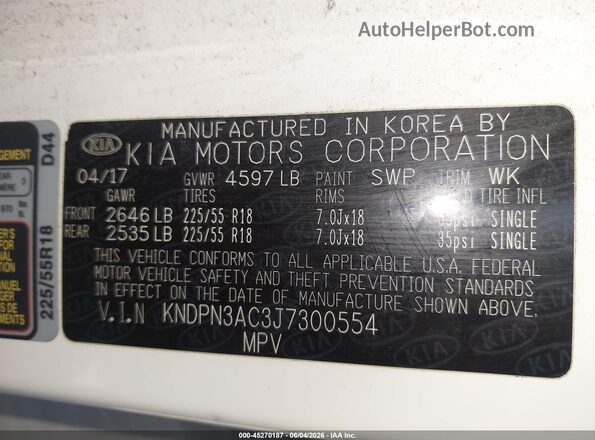KNDPN3AC3J7300554 2018 KIA SPORTAGE White ძრავის განყოფილების ხედი