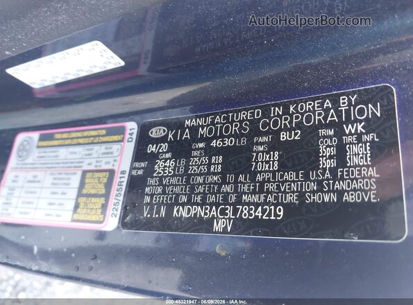 KNDPN3AC3L7834219 2020 KIA SPORTAGE Blue Widok komory silnika