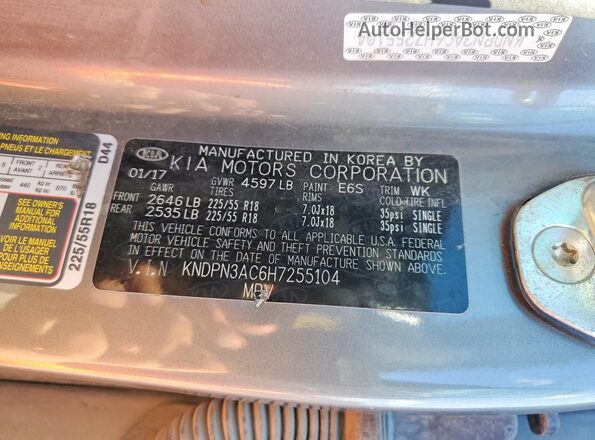 KNDPN3AC6H7255104 2017 KIA SPORTAGE Gray Widok naklejki z numerem VIN