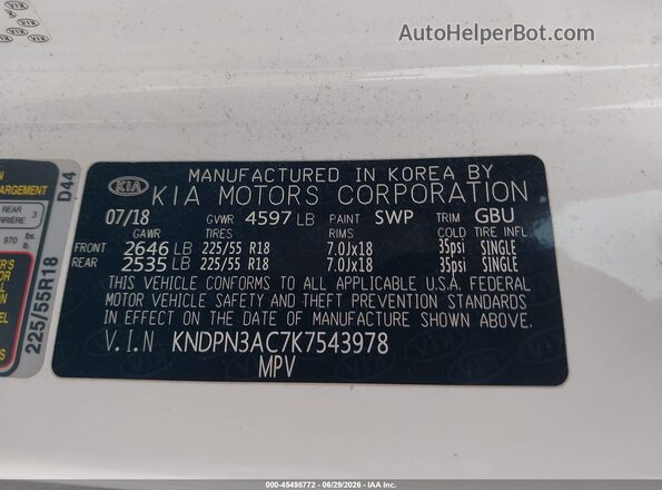 KNDPN3AC7K7543978 2019 KIA SPORTAGE White Vista del compartimento del motor