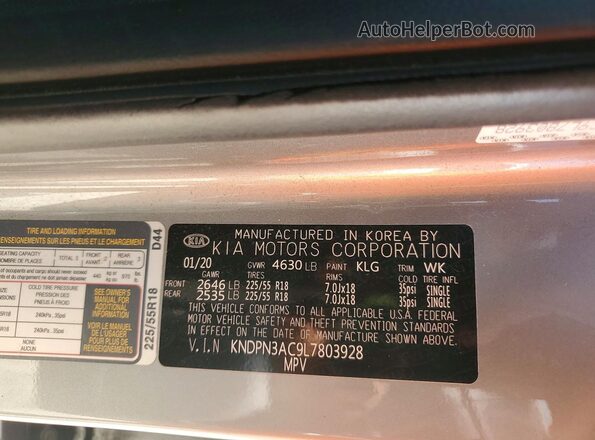 KNDPN3AC9L7803928 2020 KIA SPORTAGE Gray VIN կոդի պիտակի տեսք