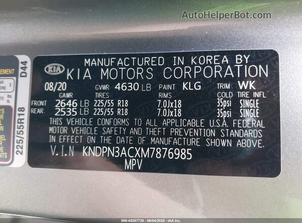 KNDPN3ACXM7876985 2021 KIA SPORTAGE Silver Շարժիչի բաժամունքի տեսք