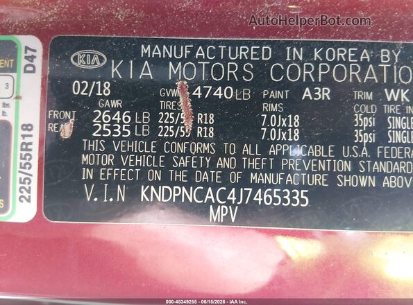 KNDPNCAC4J7465335 2018 KIA SPORTAGE Burgundy Widok komory silnika