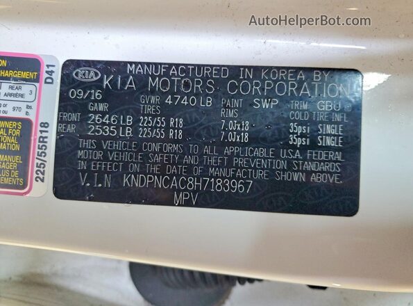 KNDPNCAC8H7183967 2017 KIA SPORTAGE White Вид наклейки з VIN-кодом