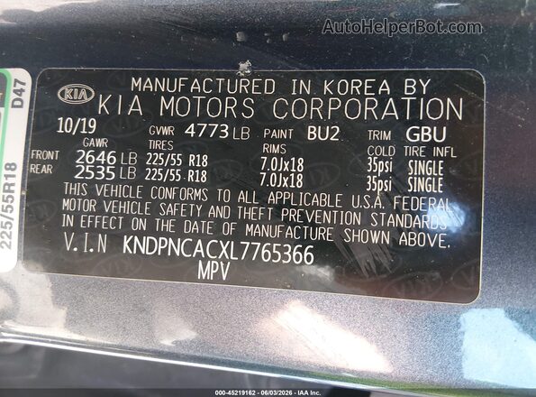 KNDPNCACXL7765366 2020 KIA SPORTAGE Blue Շարժիչի բաժամունքի տեսք