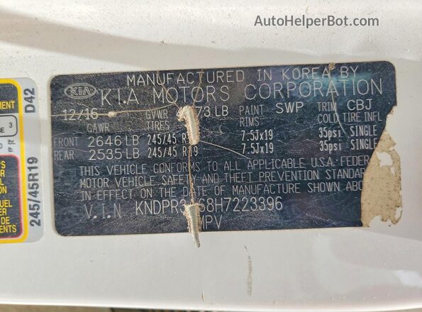 KNDPR3A68H7223396 2017 KIA SPORTAGE White 360 interior view
