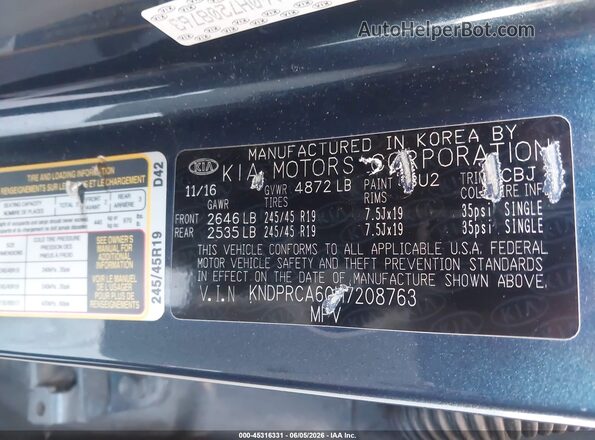 KNDPRCA60H7208763 2017 KIA SPORTAGE Blue Widok komory silnika