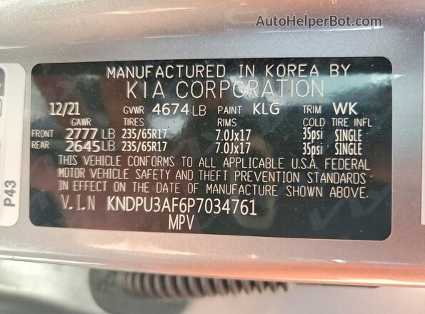 KNDPU3AF6P7034761 2023 KIA SPORTAGE Silver Vista de la etiqueta del VIN
