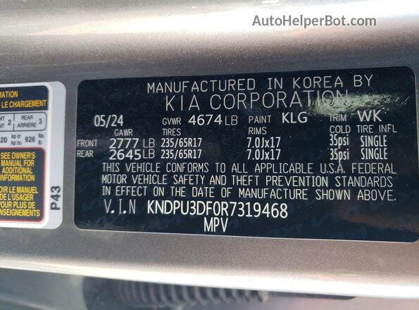 KNDPU3DF0R7319468 2024 KIA SPORTAGE Silver Widok naklejki z numerem VIN