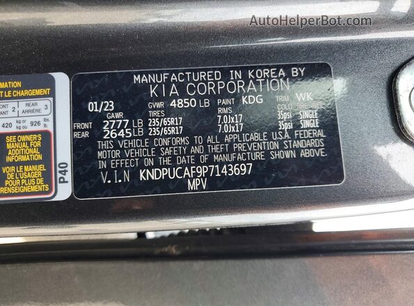 KNDPUCAF9P7143697 2023 KIA SPORTAGE Gray Widok naklejki z numerem VIN