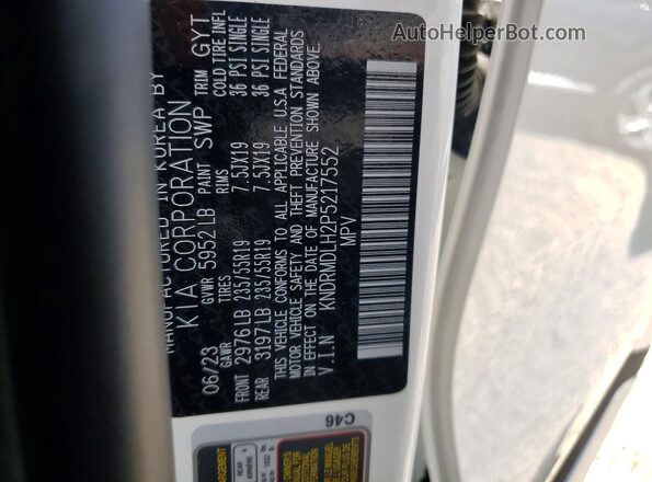 KNDRMDLH2P5217552 2023 KIA SORENTO White VIN sticker view