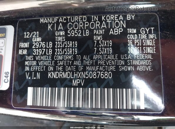 KNDRMDLHXN5087680 2022 KIA SORENTO PLUG-IN HYBRID Black Вид підкапотного простору