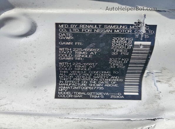 KNMAT2MT0GP617735 2016 NISSAN ROGUE White VIN კოდის სტიკერის ხედი