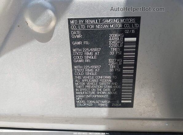 KNMAT2MT0GP666627 2016 NISSAN ROGUE Silver Widok komory silnika