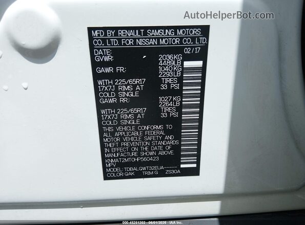 KNMAT2MT0HP560423 2017 NISSAN ROGUE White Вид підкапотного простору