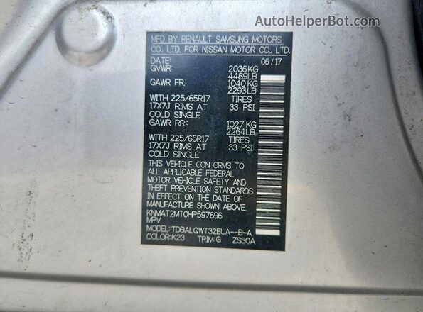 KNMAT2MT0HP597696 2017 NISSAN ROGUE Silver Вид наклейки з VIN-кодом
