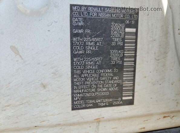 KNMAT2MT0LP503003 2020 NISSAN ROGUE White 