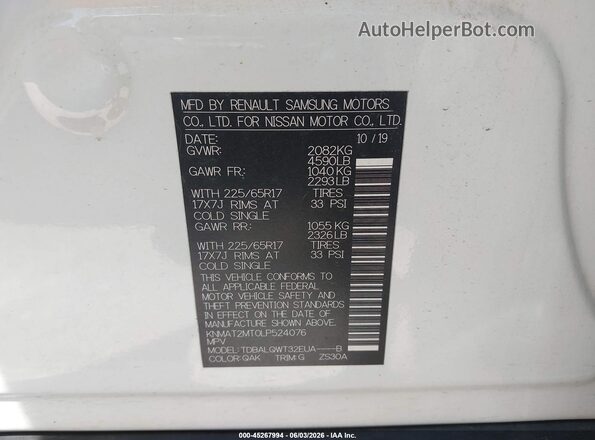 KNMAT2MT0LP524076 2020 NISSAN ROGUE White Widok komory silnika