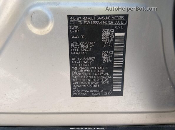 KNMAT2MT1GP718153 2016 NISSAN ROGUE Silver Widok komory silnika