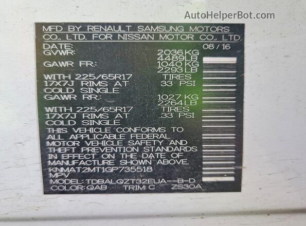 KNMAT2MT1GP735518 2016 NISSAN ROGUE White 