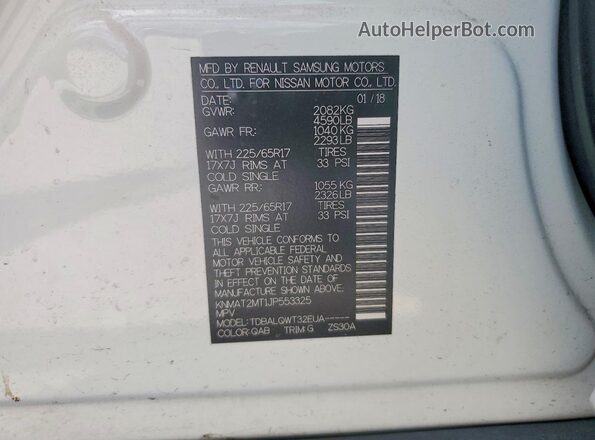 KNMAT2MT1JP553325 2018 NISSAN ROGUE White VIN sticker view
